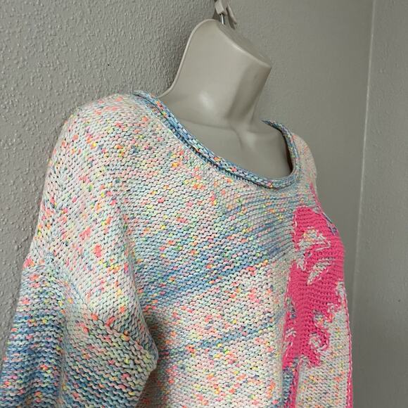 Anthropologie Palm Tree Boat Neck Oversized Women's Sweater Knit Blue Sz XSP - Picture 5 of 8